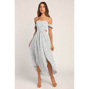 Lulus Easy On The Eyes White Floral Print Off-the-shoulder Maxi Dress - Size M